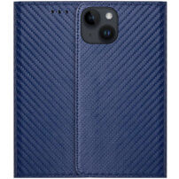 Husă tip carte cu model din fibră de carbon pentru iPhone 15 - albastru închis