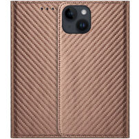 Husă tip carte cu model de fibră de carbon pentru iPhone 15 - maro