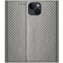 Husă tip carte cu model din fibră de carbon pentru iPhone 15 - gri