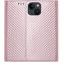 Husă tip carte cu model din fibră de carbon pentru iPhone 15 - roz