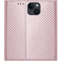 Husă tip carte cu model din fibră de carbon pentru iPhone 15 - roz